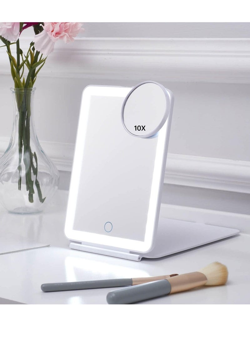 LED Foldable Travel Makeup Mirror - 5x7 inches 3 Colors Light Modes USB Rechargeable Touch Screen, Portable Tabletop Cosmetic Mirror for Travel, Cosmetic, Office (White)