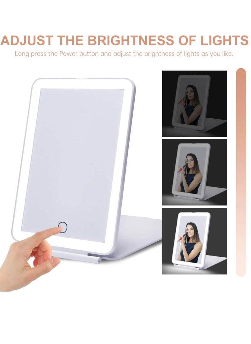 LED Foldable Travel Makeup Mirror - 5x7 inches 3 Colors Light Modes USB Rechargeable Touch Screen, Portable Tabletop Cosmetic Mirror for Travel, Cosmetic, Office (White)