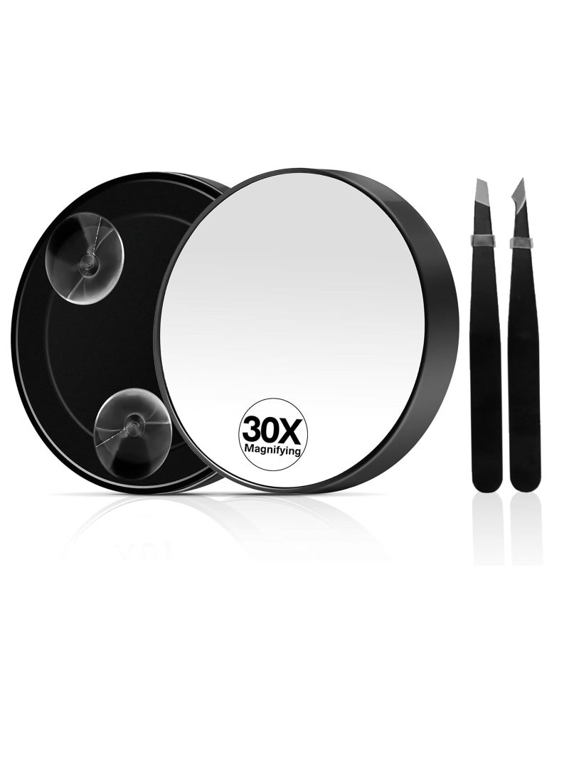 MIYADIVA 30X Magnifying Mirror, Magnifying Mirror Suction Cup, Travel Makeup Mirror with Precise Tweezers, Compact Magnifying Mirror for The Removal of Female Facial Hair, 3.5 Inches (Black)