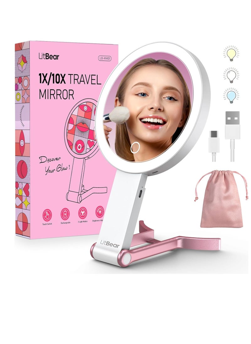 LitBear Travel Makeup Mirror with Lights, Rechargeable Double Sided 10X /1X Magnifying Mirror, Portable Lighted Beauty Mirror, 3 Color Lighting, Dimmable Touch Screen, Tabletop Handhold Hanging