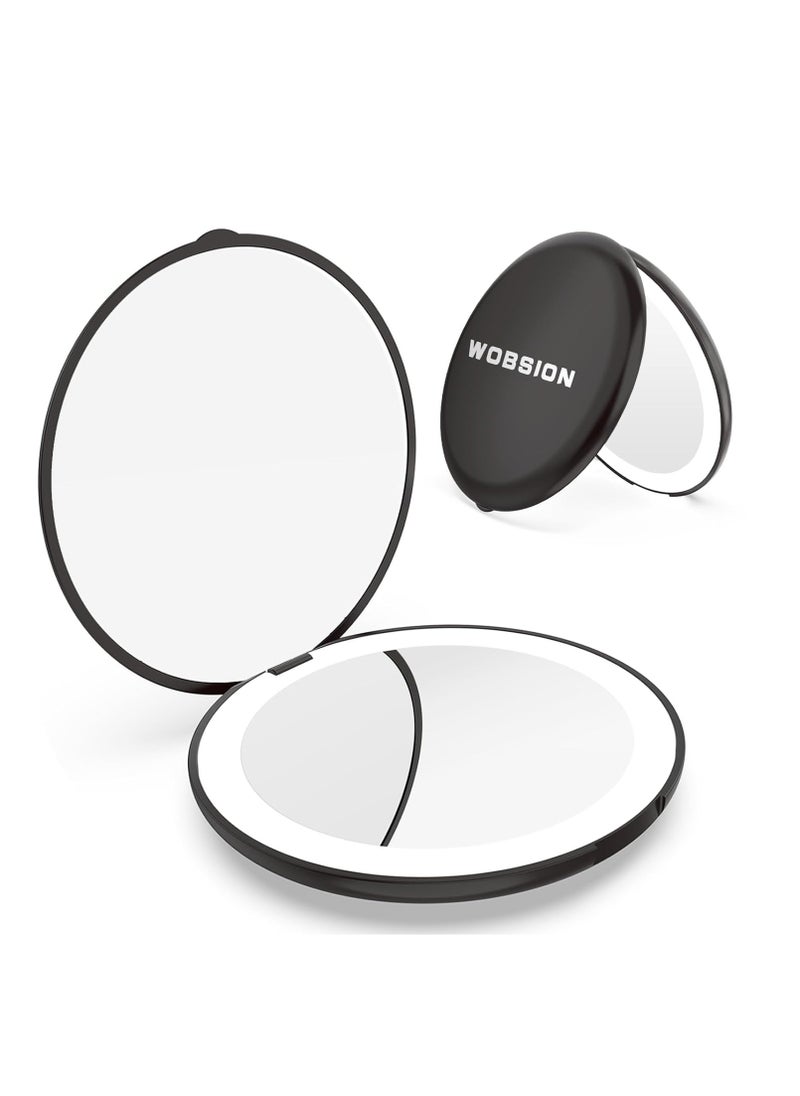 wobsion Travel Compact Mirror,Portable 1x/10x LED Makeup Mirror with Magnification,Handheld 2-Sided Pocket Mirror, 3.5in Small Mirror for Purse,Handbag,Gift,Black