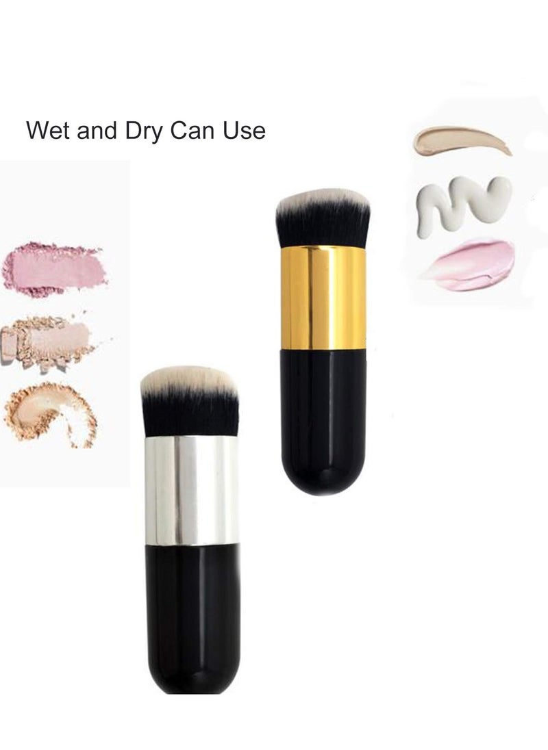 2 Pieces Foundation Brush, Chubby Makeup Brush, Suit For Blending Liquid, Cream or Flawless Powder Cosmetics(Golden & Silver)