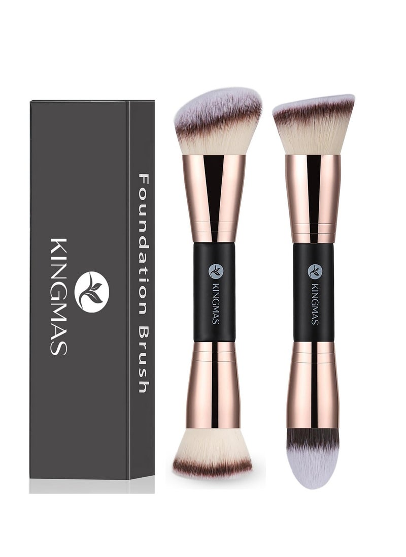 KINGMAS Foundation Makeup Brushes, 2Pcs Premium Double-Ended Makeup Brush (Flat/Angled/Angled Round/Tapered Top) for Buffing Liquid, Cream, Powder, Blending Face Brush