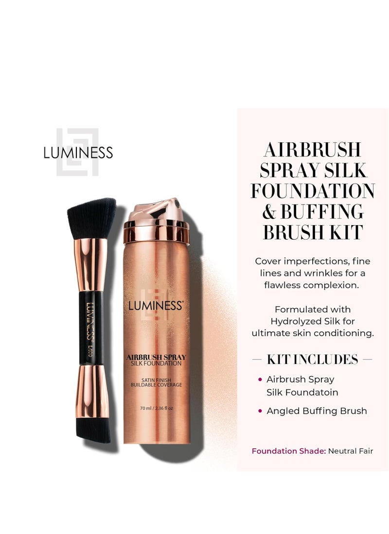 LUMINESS Silk Airbrush Spray Foundation & Buffing Brush Kit – Full Coverage Foundation & Dual-Sided Buffing Brush - Buildable Coverage, Anti-Aging Formula Hydrates & Moisturizes - Neutral Fair