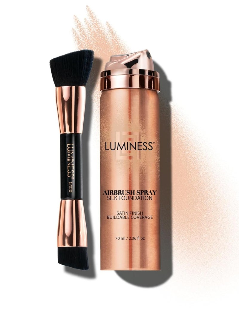 LUMINESS Silk Airbrush Spray Foundation & Buffing Brush Kit – Full Coverage Foundation & Dual-Sided Buffing Brush - Buildable Coverage, Anti-Aging Formula Hydrates & Moisturizes - Neutral Fair