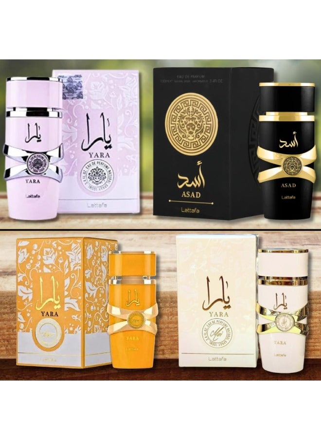 for Unisex 4 Piece Eau de Parfum Gift Set (Yara for Women + Yara Moi for Women + Yara Tous for Women + Asad for Men) 3.4 Ounce/100 ml each