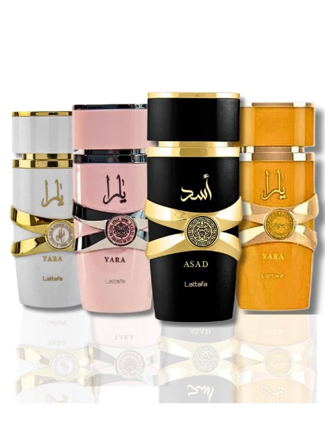 for Unisex 4 Piece Eau de Parfum Gift Set (Yara for Women + Yara Moi for Women + Yara Tous for Women + Asad for Men) 3.4 Ounce/100 ml each