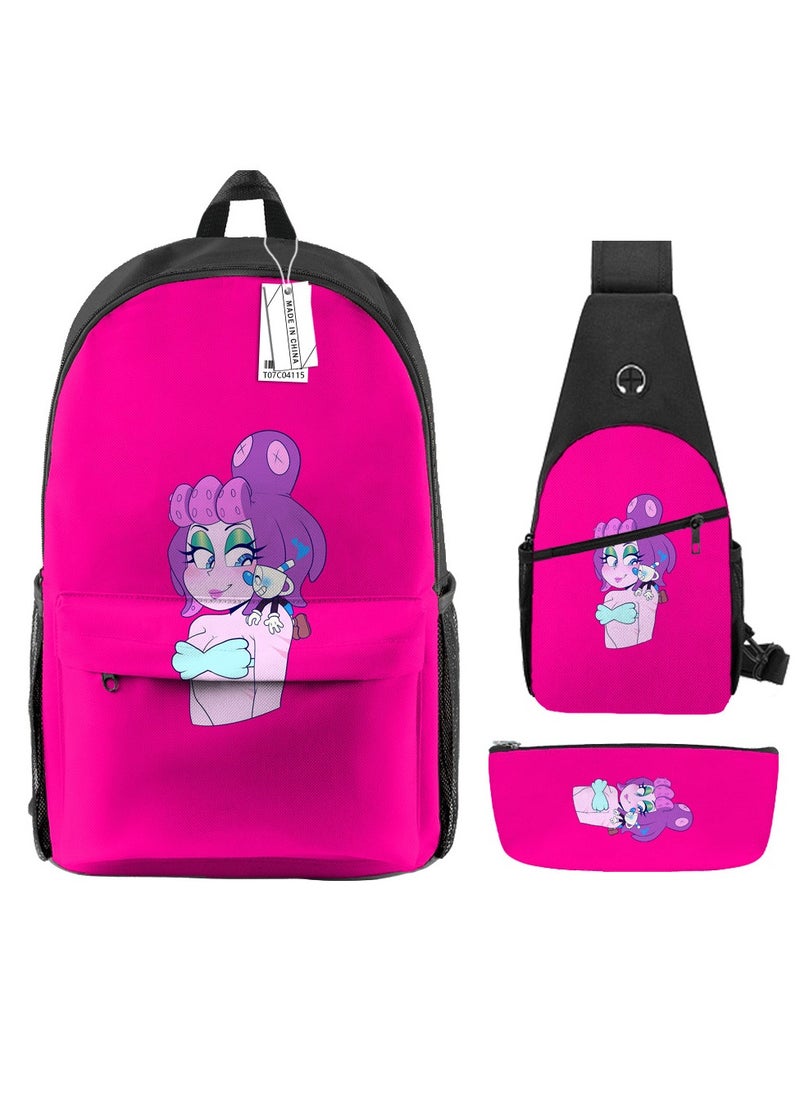 Backpack polyester schoolbag large-capacity cross-body bag student (new three-piece set)\\C04-: Teacup Warrior Cuphead