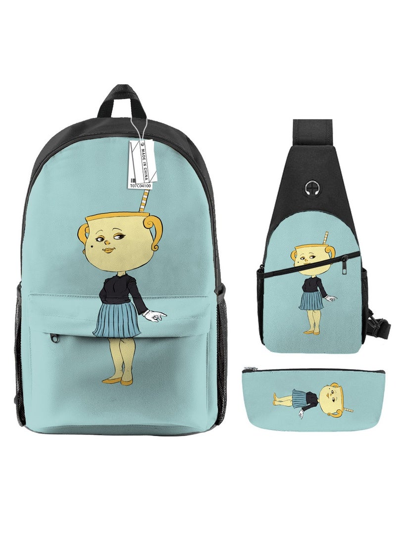 Backpack polyester schoolbag large-capacity cross-body bag student (new three-piece set)\\C04-: Teacup Warrior Cuphead