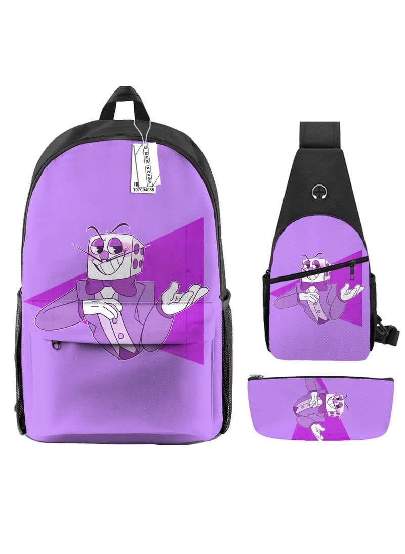 Backpack polyester schoolbag large-capacity cross-body bag student (new three-piece set)\\C04-: Teacup Warrior Cuphead