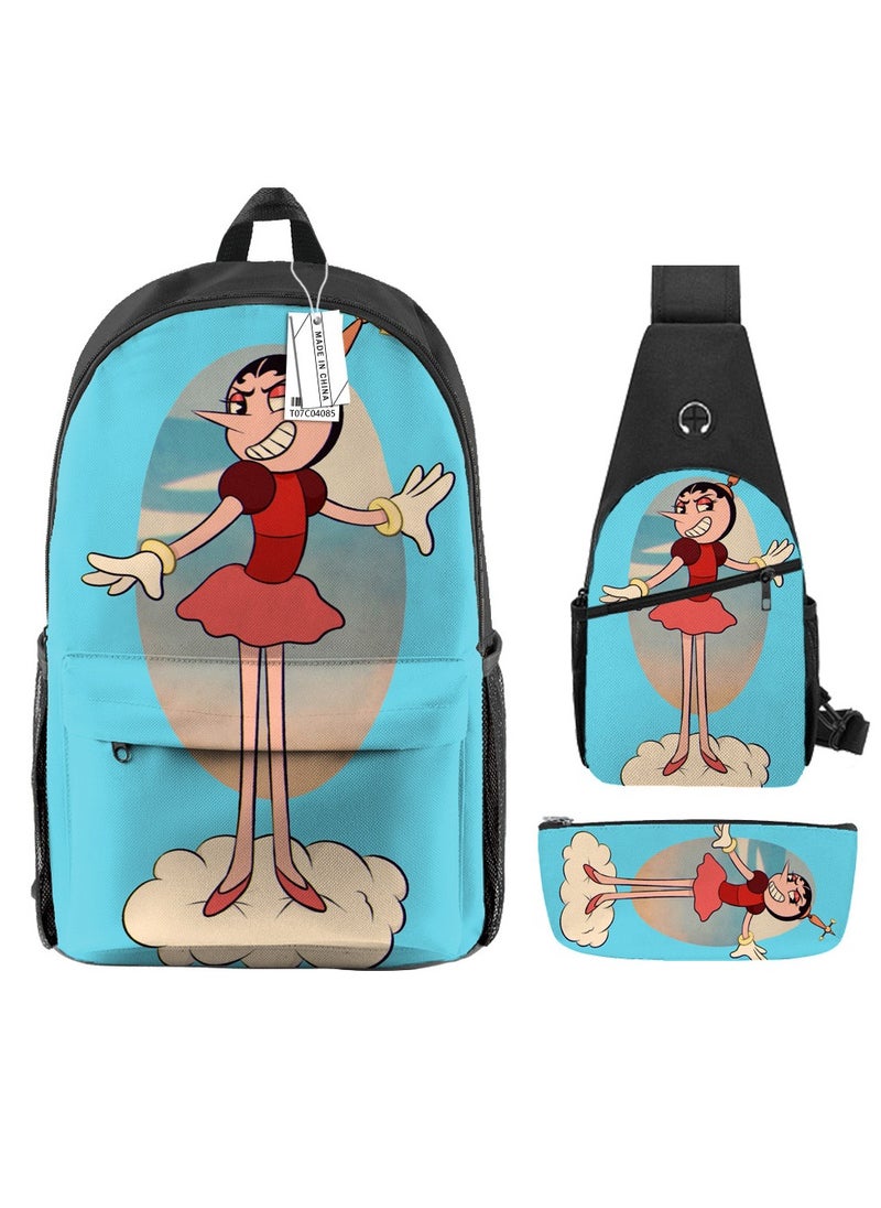 Backpack polyester schoolbag large-capacity cross-body bag student (new three-piece set)\\C04-: Teacup Warrior Cuphead