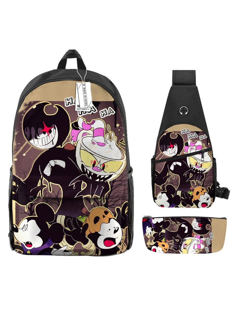 Backpack polyester schoolbag large-capacity cross-body bag student (new three-piece set)\\C04-: Teacup Warrior Cuphead