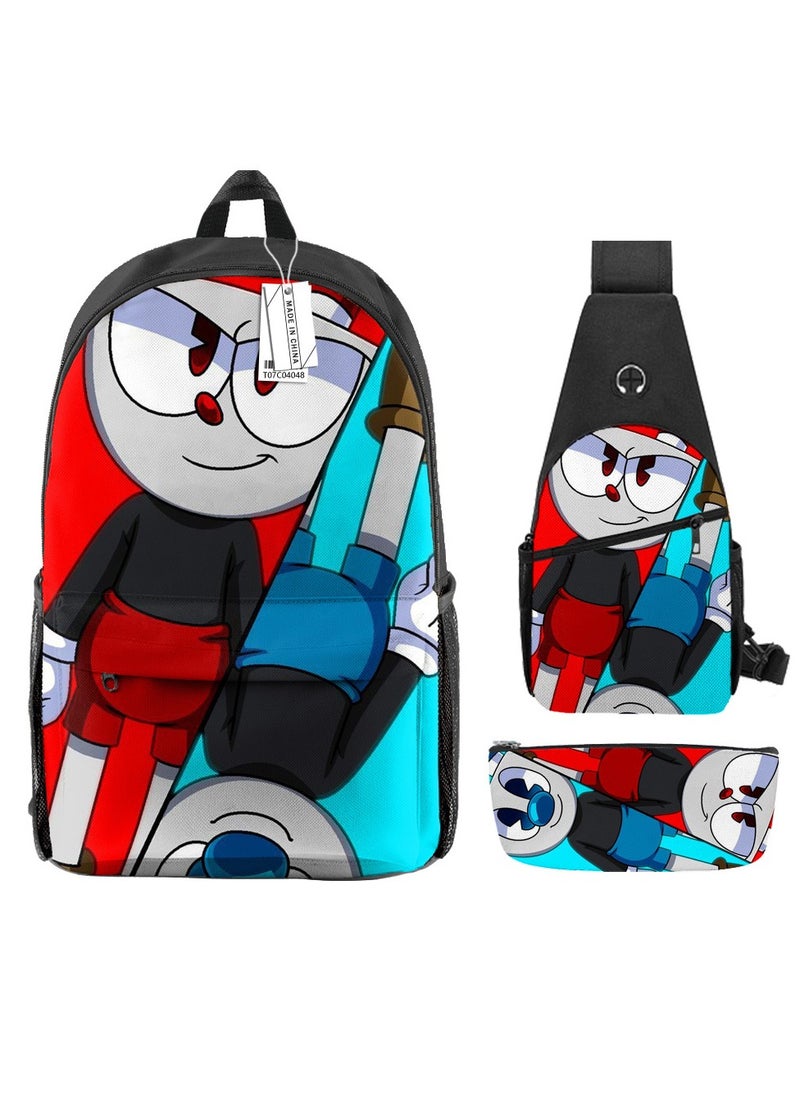 Backpack polyester schoolbag large-capacity cross-body bag student (new three-piece set)\\C04-: Teacup Warrior Cuphead