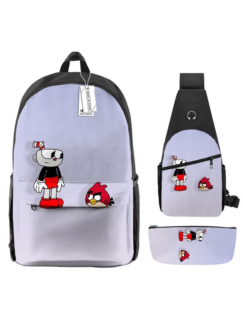 Backpack polyester schoolbag large-capacity cross-body bag student (new three-piece set)\\C04-: Teacup Warrior Cuphead