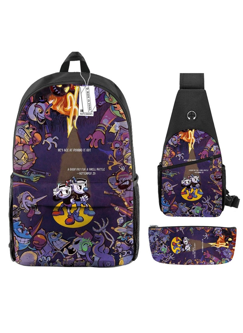 Backpack polyester schoolbag large-capacity cross-body bag student (new three-piece set)\\C04-: Teacup Warrior Cuphead