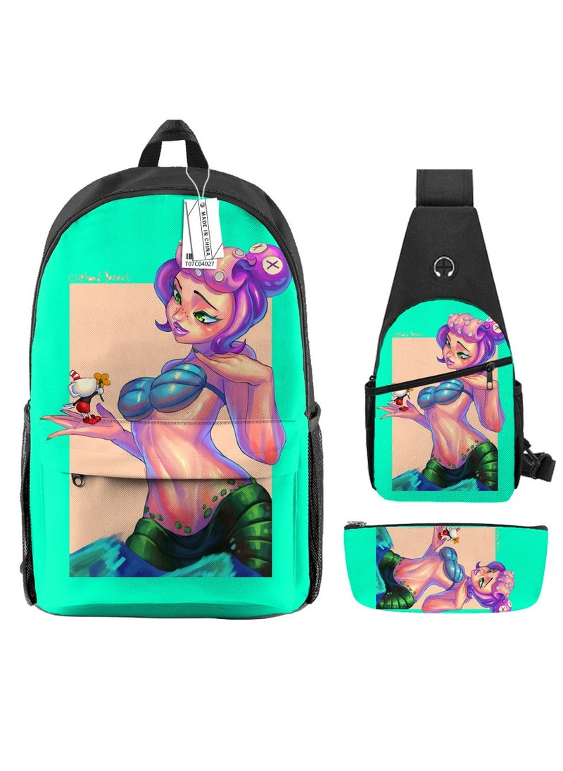 Backpack polyester schoolbag large-capacity cross-body bag student (new three-piece set)\\C04-: Teacup Warrior Cuphead