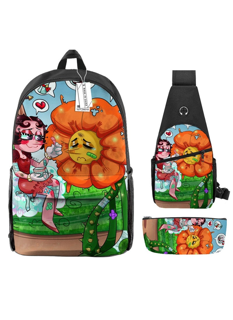 Backpack polyester schoolbag large-capacity cross-body bag student (new three-piece set)\\C04-: Teacup Warrior Cuphead