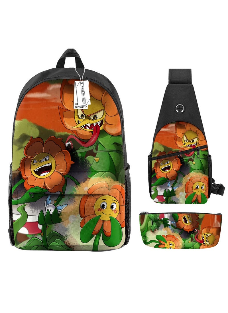 Backpack polyester schoolbag large-capacity cross-body bag student (new three-piece set)\\C04-: Teacup Warrior Cuphead