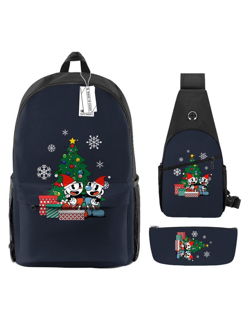 Backpack polyester schoolbag large-capacity cross-body bag student (new three-piece set)\\C04-: Teacup Warrior Cuphead