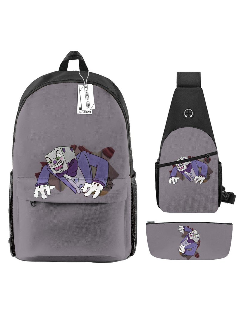 Backpack polyester schoolbag large-capacity cross-body bag student (new three-piece set)\\C04-: Teacup Warrior Cuphead