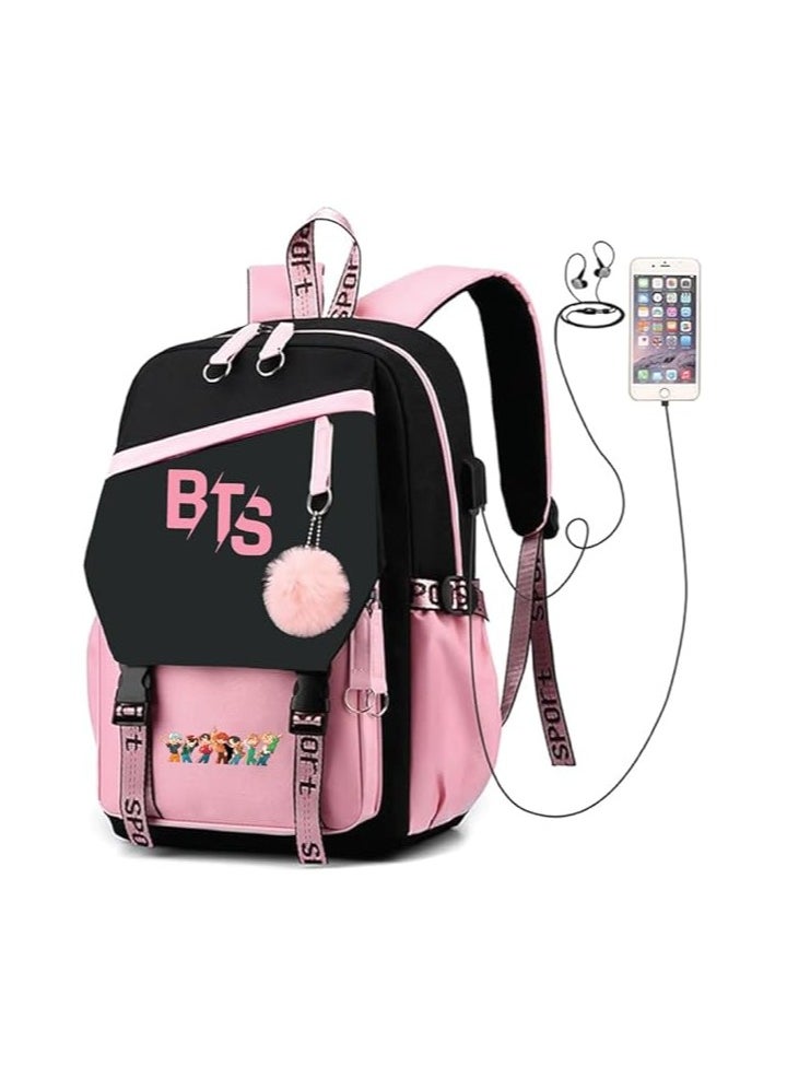 BTS Girls Backpack With USB Charging Port-Travel Companion For BTS Fans And Students-Casual Shoulder Bag And Book Bag-BTS Fans Merchandise Gifts