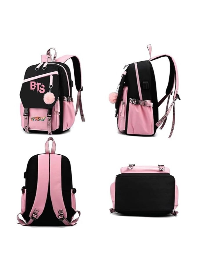 BTS Girls Backpack With USB Charging Port-Travel Companion For BTS Fans And Students-Casual Shoulder Bag And Book Bag-BTS Fans Merchandise Gifts