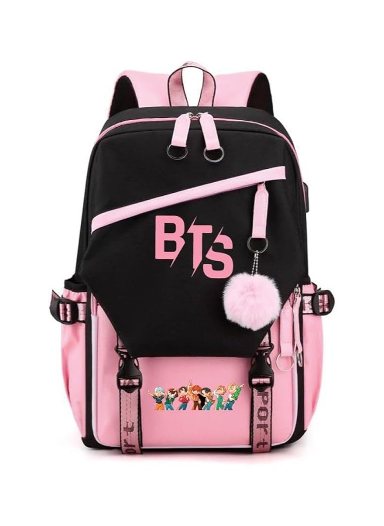 BTS Girls Backpack With USB Charging Port-Travel Companion For BTS Fans And Students-Casual Shoulder Bag And Book Bag-BTS Fans Merchandise Gifts