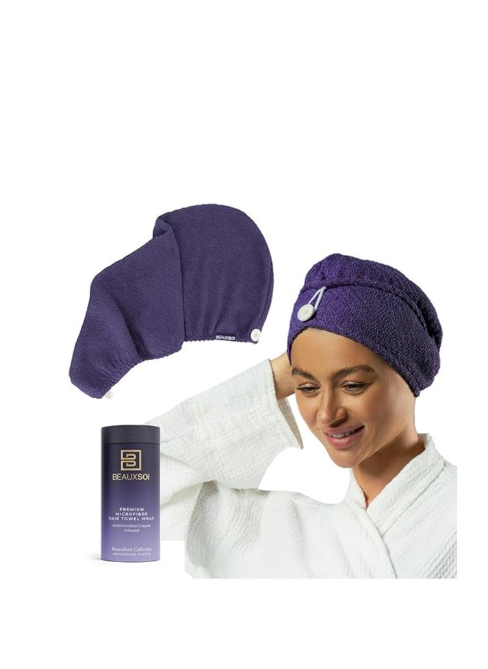 BEAUXSOI Copper Infused Hair Towel Wrap Quick Hair-Drying Absorbent Microfiber Towel, Bathrobe Hat, Magic Hair Drying Towel with Luxury Button Design, Anti Frizz, Quick Dry Towel (Empowered Purple)