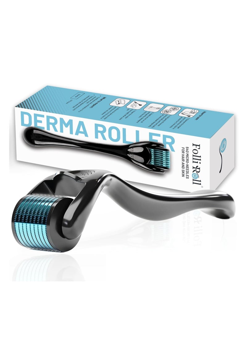 Derma Roller for Hair and Skin - FolliRoll 0.30mm Stainless Steel Micro Needles - for Face Scalp Derma Stamp - 540 Needles with Free Storage Case for Men and Women