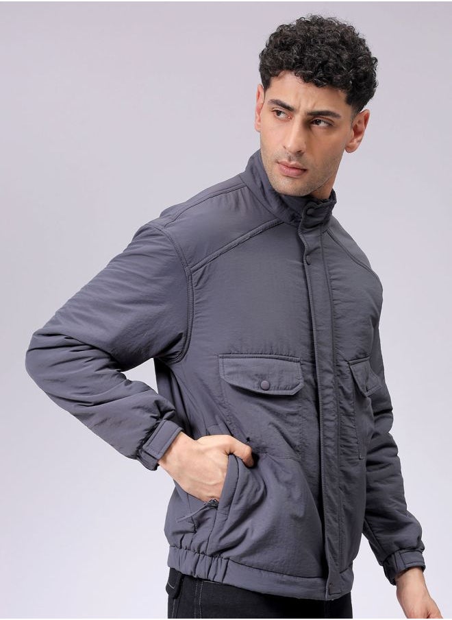 Men Slim Fit Solid Puffer Jackets