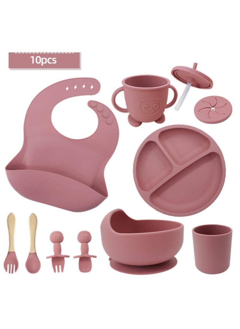 Premium Rose 10 Piece Weaning Feeding Supplies for Toddlers! Bib+Plate+Suction Silicone Baby Bowls! Self Eating Utensils Set with Spoons, Bibs, Plate, Toddlers Spoon Set! Set of 10!