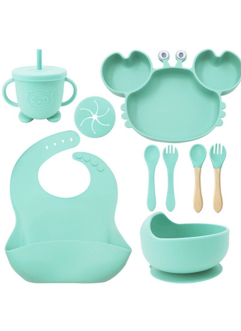 Premium Mint 9 Piece Weaning Feeding Supplies for Toddlers! Bib+Plate+Suction Silicone Baby Bowls! Self Eating Utensils Set with Spoons, Bibs, Plate, Toddlers Spoon Set! Set of 9!