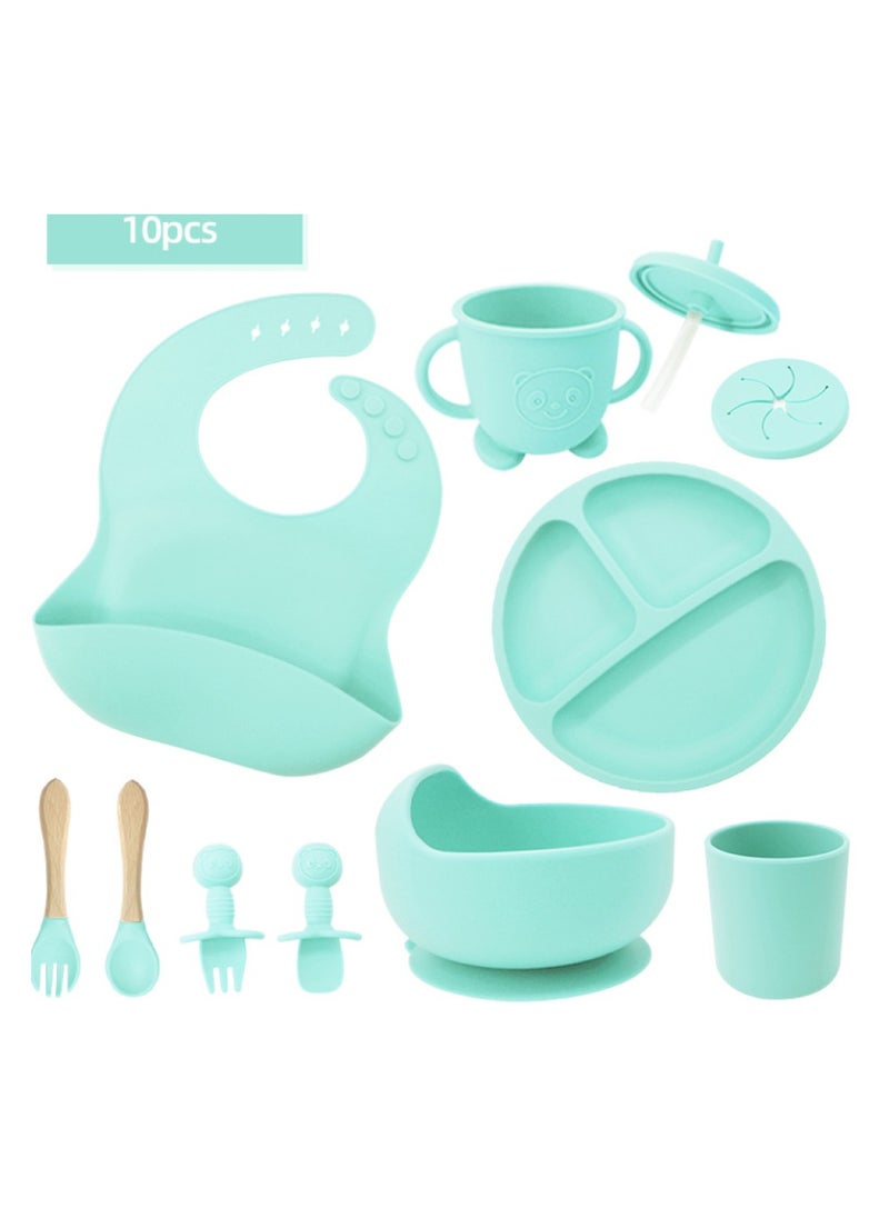 Premium Mint 10 Piece Weaning Feeding Supplies for Toddlers! Bib+Plate+Suction Silicone Baby Bowls! Self Eating Utensils Set with Spoons, Bibs, Plate, Toddlers Spoon Set! Set of 10!