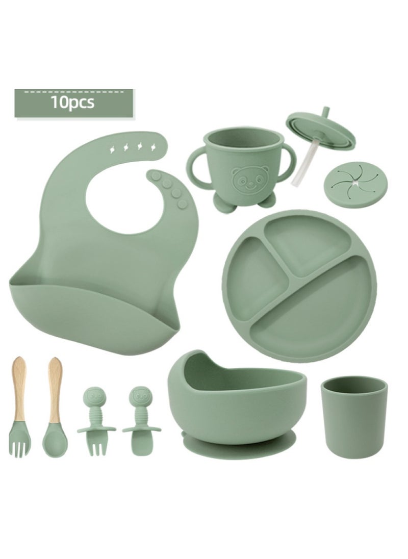 Premium Dark Green 10 Piece Weaning Feeding Supplies for Toddlers! Bib+Plate+Suction Silicone Baby Bowls! Self Eating Utensils Set with Spoons, Bibs, Plate, Toddlers Spoon Set! Set of 10!