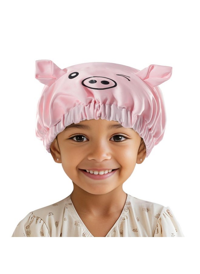 Kids Bonnets For Girls, Adjustable Silk Baby Bonnet For Curly Hair Toddler Satin Cartoon Bonnet Cap With Elastic Band -Piggy