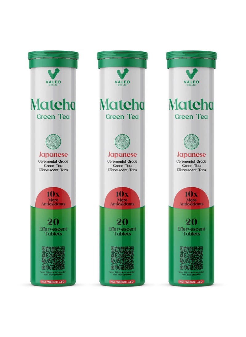 VALEO VALEO MATCHA GREEN TEA EFFERVESCENT TABS (20) |ORGANIC JAPANESE CEREMONIAL-GRADE MATCHA | INSTANT ENERGY BOOST, DETOX & GLOWING SKIN | PERFECT FOR LATTES, SMOOTHIES & ON-THE-GO WELLNESS Pack of 3