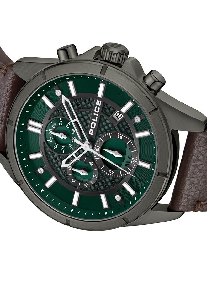 Men's Burbank Green Dial Chocolate Brown Leather Strap Gents Chronograph Watch With Stainless Steel Case