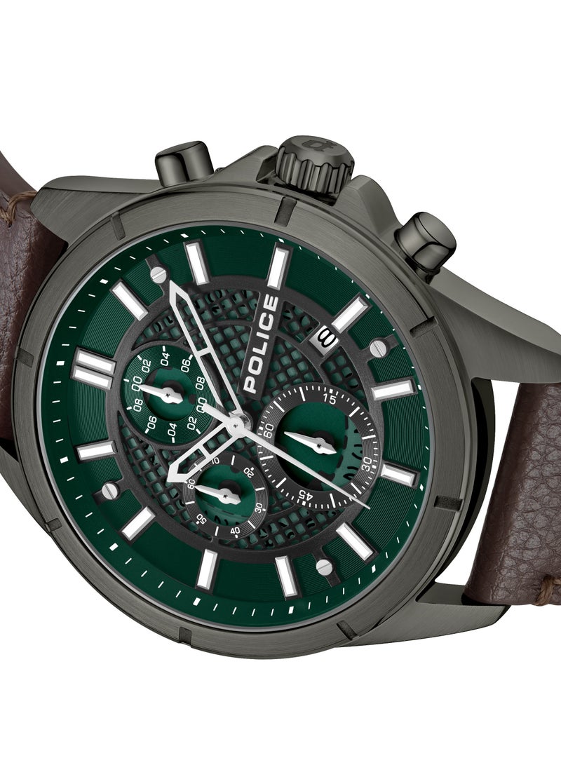 Men's Burbank Green Dial Chocolate Brown Leather Strap Gents Chronograph Watch With Stainless Steel Case