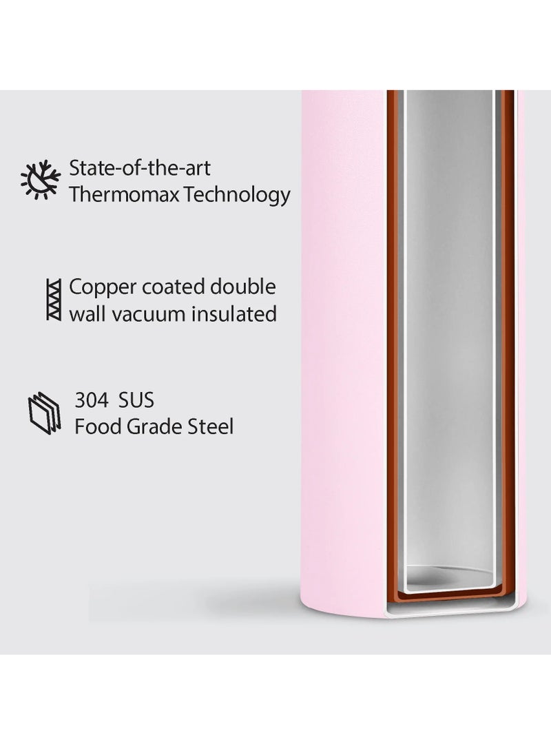 Nero 750ml Pink Stainless Steel Water Bottle |Copper Coated Vacuum Insulation|Food Grade Stainless Steel | Powder Coated | Secure Grip Leakproof Easy Pour Cap |Hot & Cold Thermos| Aqua Hydro