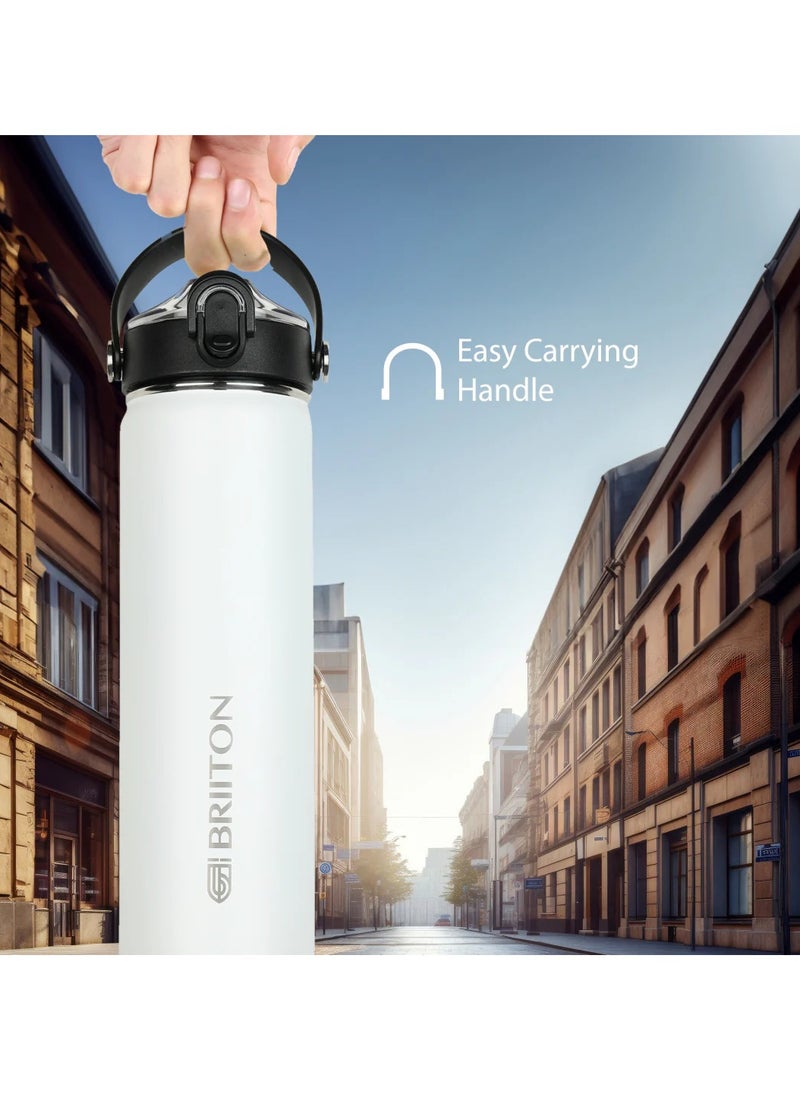 Nero 750ml White Stainless Steel Water Bottle |Copper Coated Vacuum Insulation|Food Grade Stainless Steel | Powder Coated | Secure Grip Leakproof Easy Pour Cap |Hot & Cold Thermos| Aqua Hydro