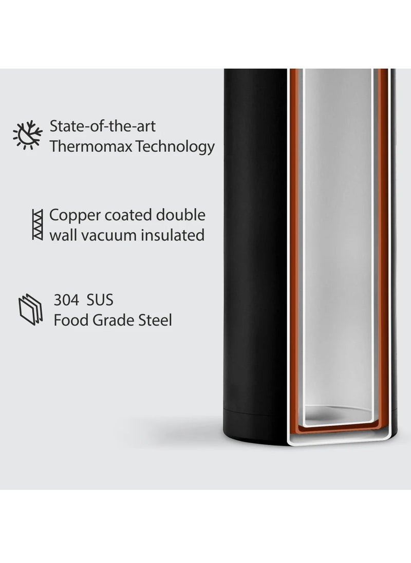 Nero S 750ml Black Stainless Steel Water Bottle | Copper Coated Vacuum Insulation | Powder Coated | Secure Grip | Leakproof Easy Pour Cap | Hot & Cold Thermos | Aqua Hydro