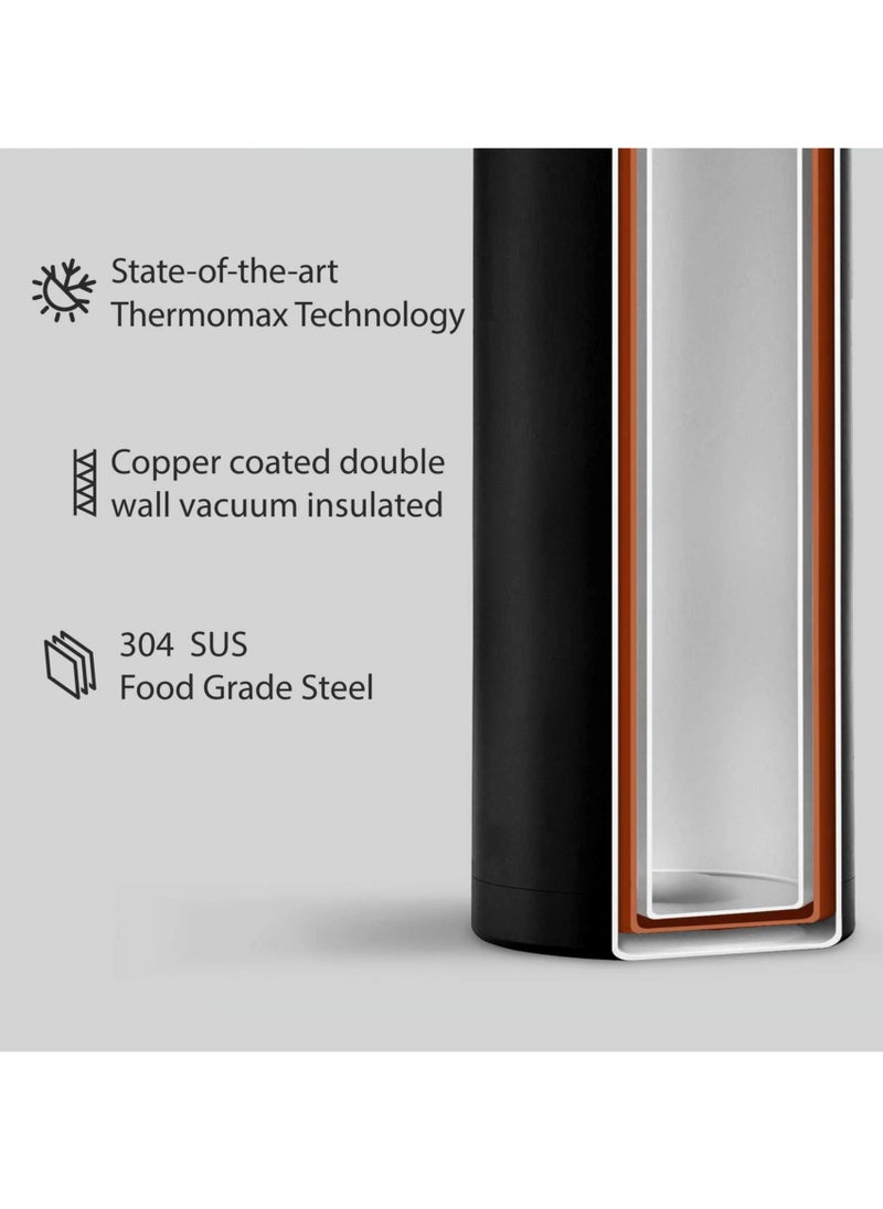 Nero 750ml Black Stainless Steel Water Bottle |Copper Coated Vacuum Insulation|Food Grade Stainless Steel | Powder Coated | Secure Grip Leakproof Easy Pour Cap |Hot & Cold Thermos| Aqua Hydro