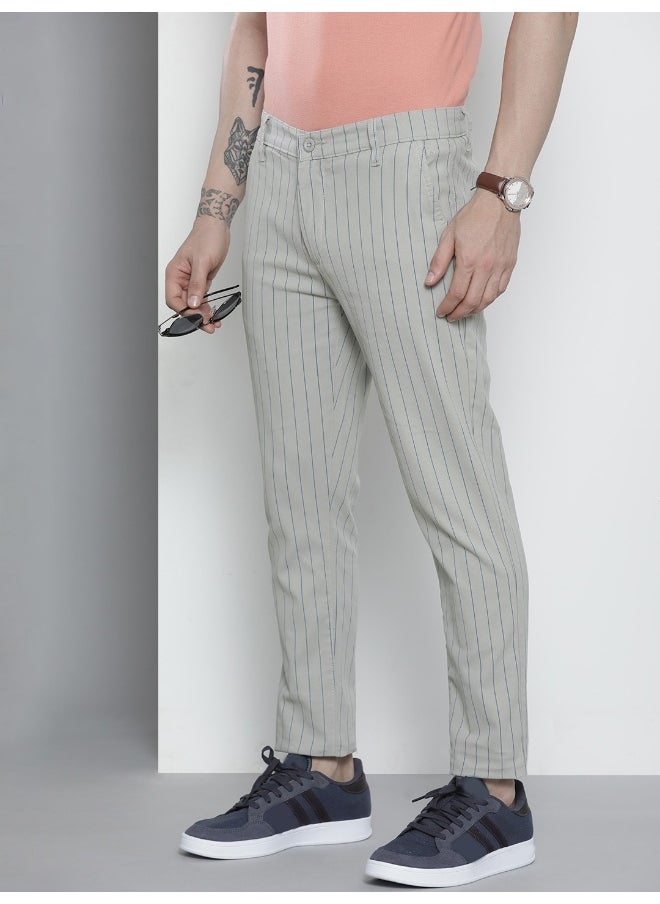 Men Slim Fit Striped Mid-Rise Stretchable Chinos