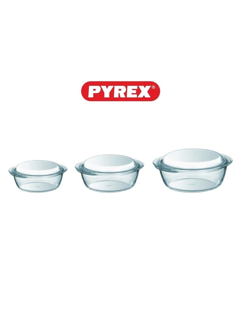 Pyrex Essential Round Casserole Set Of 3 ( 3L+2.1L+1.4L)  - Durable Borosilicate Glass for Versatile Cooking and Serving