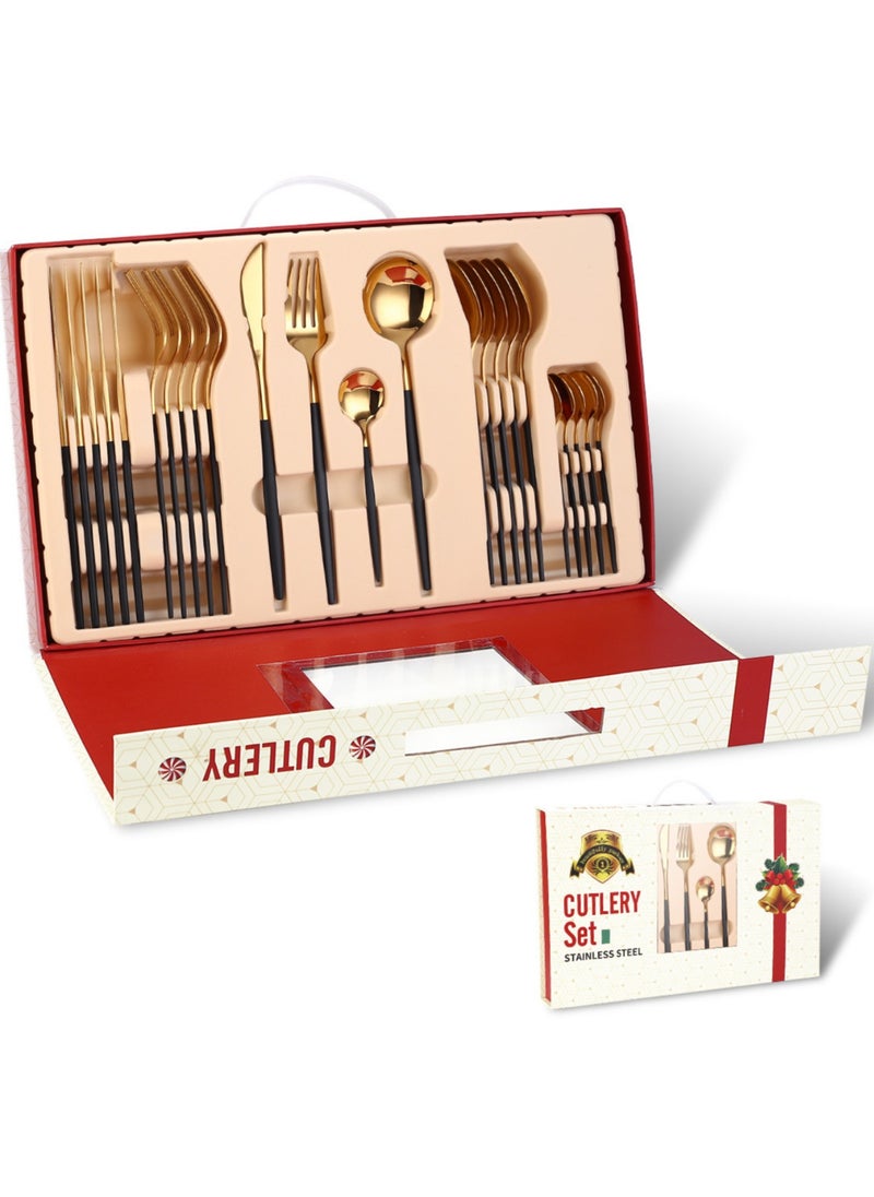 Premium 24-Piece Stainless Steel Cutlery Set in Multiple Colours Variations (Silver, Rose Gold, Black/Peacock Green/White/Pink Handles) with 6 X Main Knives/Main Forks/Soup Spoons/Dessert Spoons