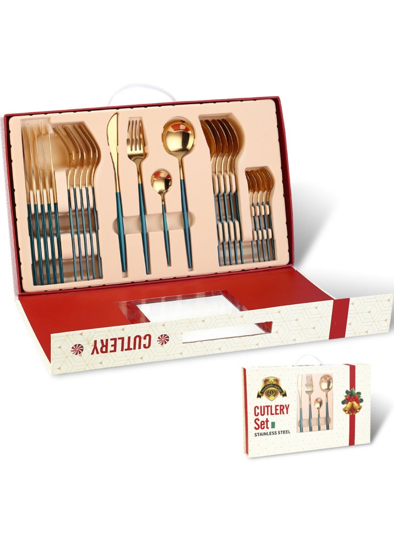 Premium 24-Piece Stainless Steel Cutlery Set in Multiple Colours Variations (Silver, Rose Gold, Black/Peacock Green/White/Pink Handles) with 6 X Main Knives/Main Forks/Soup Spoons/Dessert Spoons