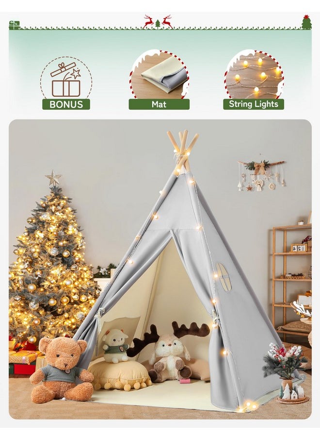 2 In 1 Teepee Tent For Kids With Mat, Kids Tents Indoor With Light, Large Kids Tipi Tent With 2 Sided Design, Christmas Tent For Kids, Kids Teepee Tent For Boys Girls, Toddler Reading Tent