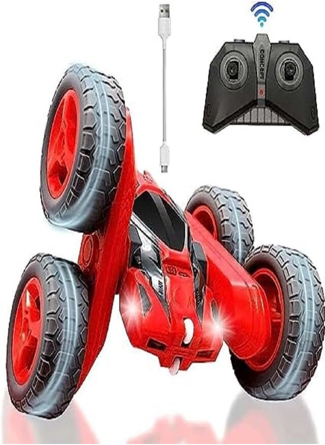 Remote Control Car USB Charge Double Sided 360°Rotating 4WD RC Cars with Headlights 2.4GHz Electric Race Stunt Toy Car Off-Road Stunt Car Rechargeable Toy Cars for Kids, 3+ Years (RED)