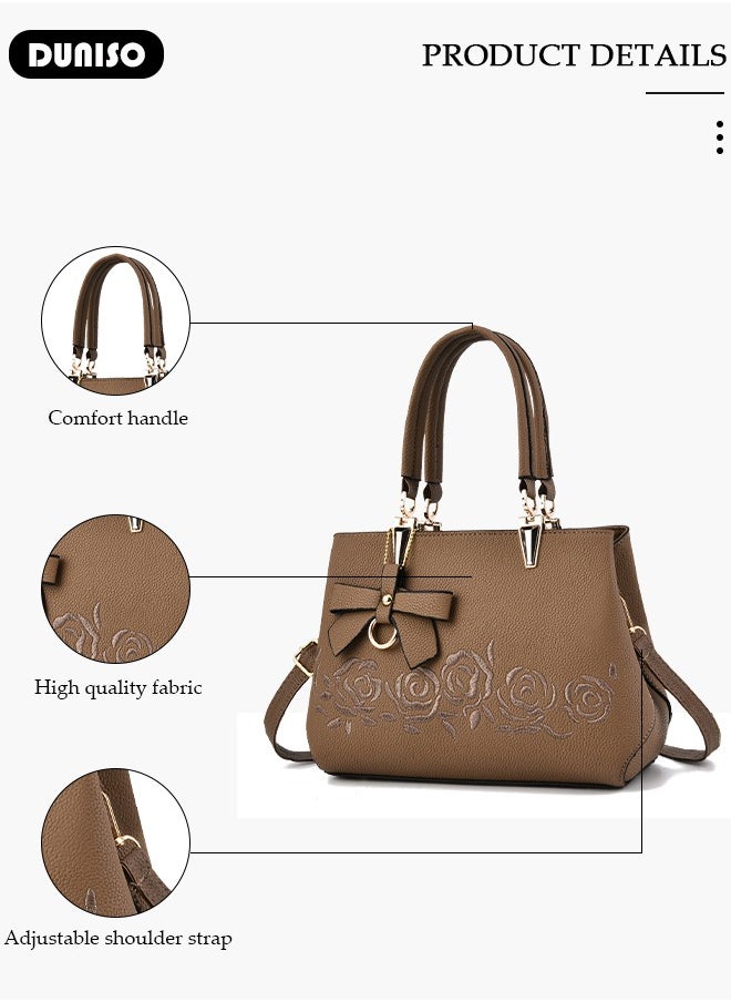 Women's Fashion Handbag Faux Leather Crossbody Bag For Women Large Capacity Bow Trim Tote Bags Top Handle Satchel Fashionable Travel Shoulder Bag For Ladies