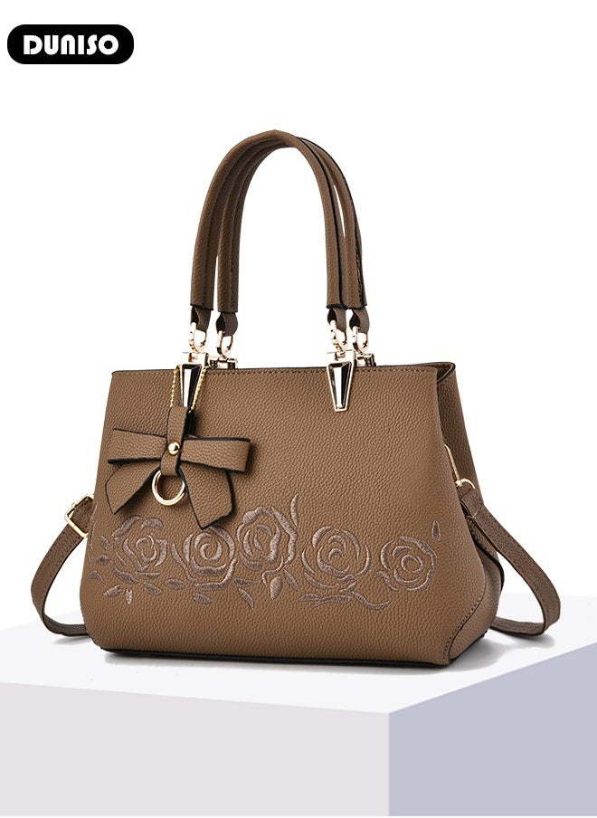 Women's Fashion Handbag Faux Leather Crossbody Bag For Women Large Capacity Bow Trim Tote Bags Top Handle Satchel Fashionable Travel Shoulder Bag For Ladies